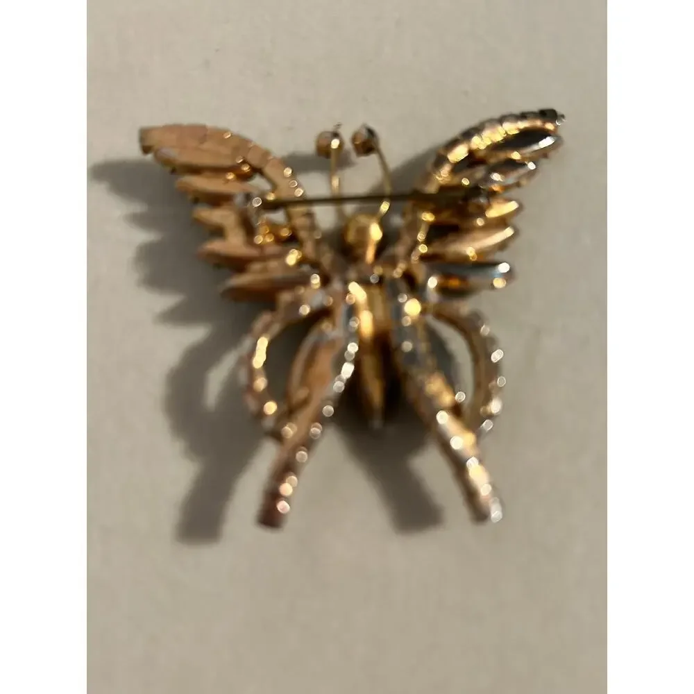 Vintage Gold Tone Blue Green Rhinestone Butterfly Brooch Pin 2.5